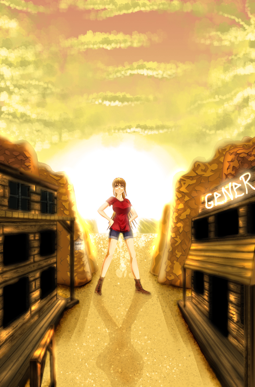1girl 2d bangs bare_legs boots bounty_hunter breasts buildings clouds desert from_above giant giantess glare hands_on_hips large_breasts long_hair looking_at_viewer peli_vallus red_hair red_shirt saffireprowler separated_legs shadow shiny_hair shiny_shirt short_shorts shorts size_difference smile solo sun taut_shirt town western