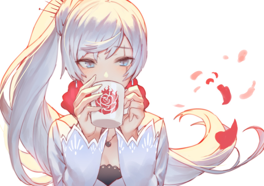 bangs blue_eyes cape collar commentary_request cup drinking eyebrows_visible_through_hair hair_ornament hairpin holding holding_cup izumi_sai jewelry long_hair long_sleeves looking_at_viewer looking_down necklace ponytail rwby scar scar_across_eye side_ponytail silver_eyes silver_hair solo weiss_schnee white_background