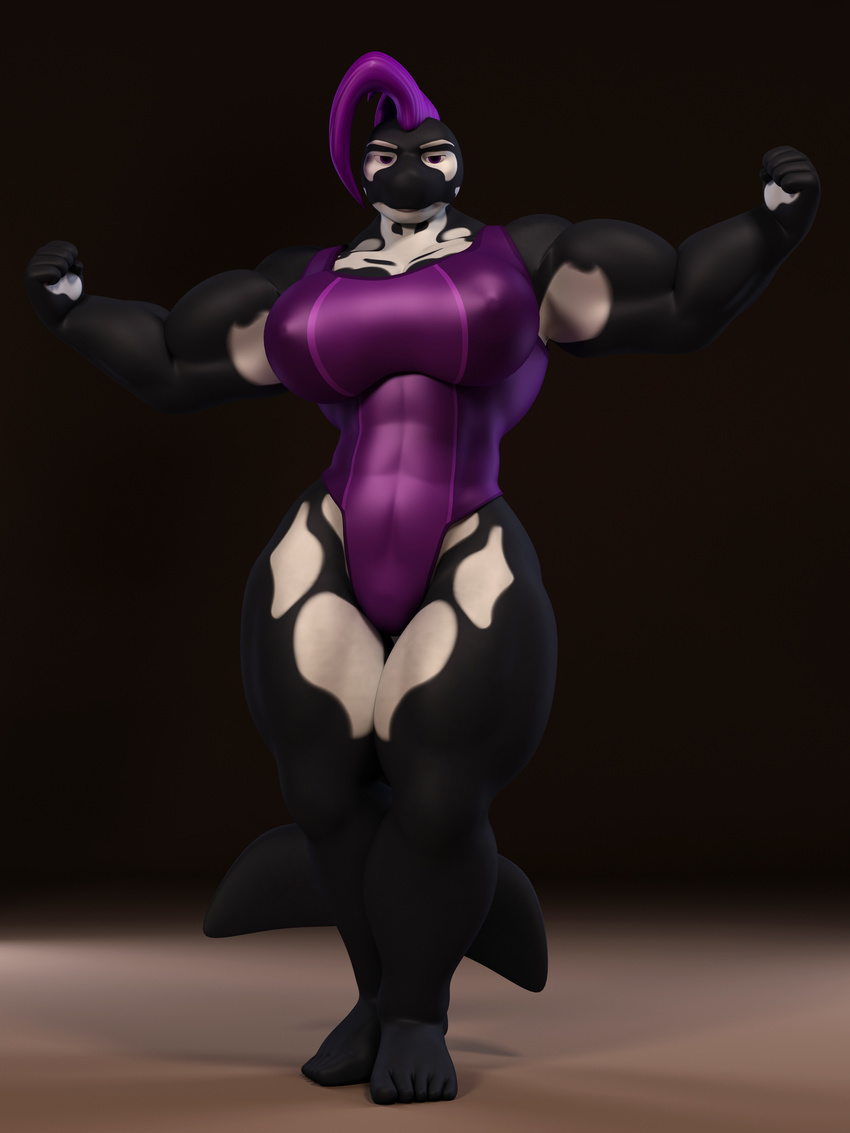 2017 3d_(artwork) abs absurd_res anthro anthroanim biceps big_breasts breasts cetacean clothed clothing digital_media_(artwork) female front_view hair hi_res looking_at_viewer mammal marine muscular muscular_female orca orphilia_orca pose purple_eyes simple_background solo whale