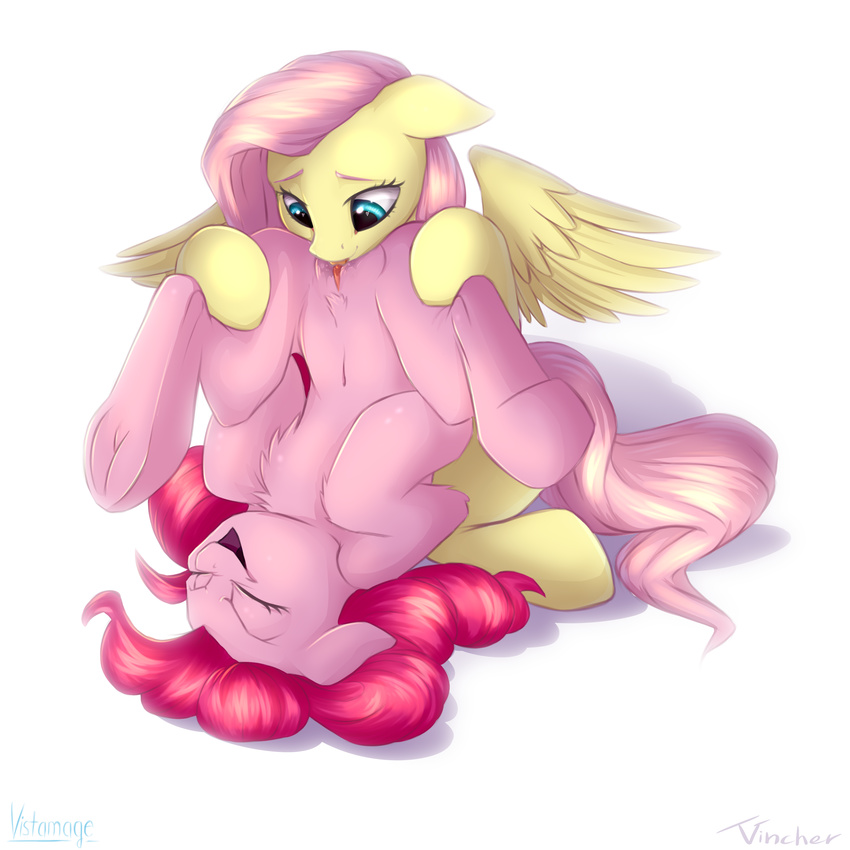 2017 absurd_res collaboration cunnilingus duo earth_pony equine eyes_closed feathered_wings feathers female female/female feral fluttershy_(mlp) friendship_is_magic fur hair hi_res hooves horse mammal my_little_pony open_outh oral pink_fur pinkie_pie_(mlp) pony pussy sex simple_background underhoof vaginal vincher vistamage white_background wings