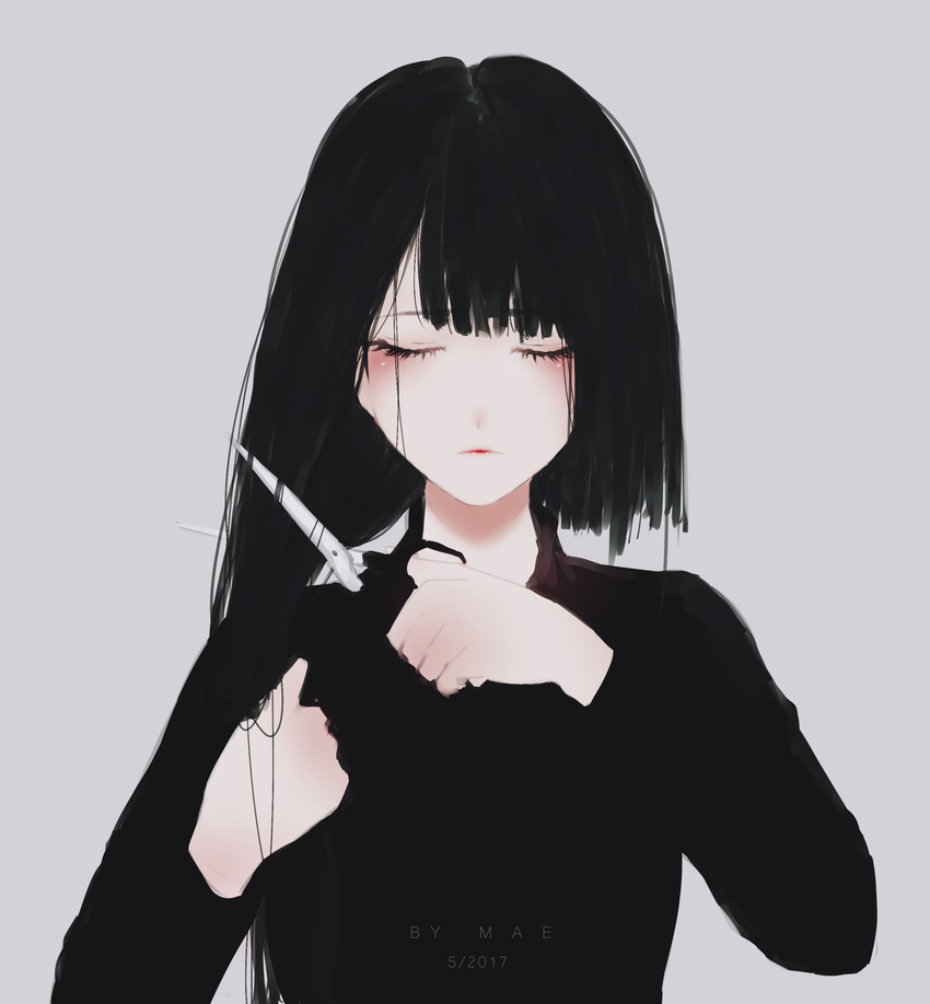 absurdres aoi_ogata_(style) arms_up artist_name bad_id bad_pixiv_id bangs black_hair black_shirt blush borrowed_character closed_eyes closed_mouth commentary cutting_hair dated eyelashes facing_viewer highres holding holding_scissors kiraiko kyrie_meii long_hair long_sleeves original pale_skin scissors shirt solo upper_body watermark