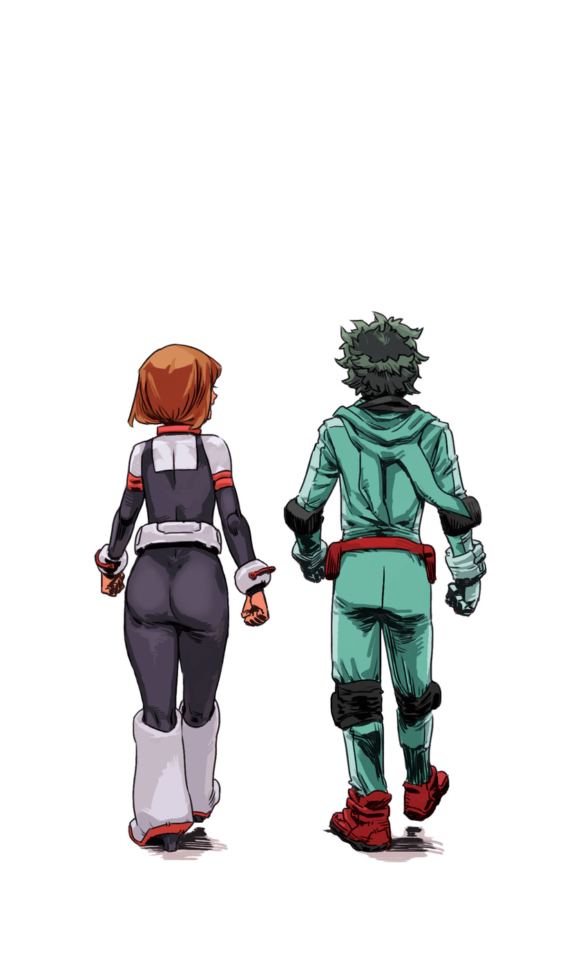 1girl archvermin ass bodysuit boku_no_hero_academia boots brown_hair commentary facing_away from_behind full_body gloves green_hair high_heel_boots high_heels highres knee_boots midoriya_izuku red_footwear shoes short_hair simple_background uraraka_ochako walking white_background