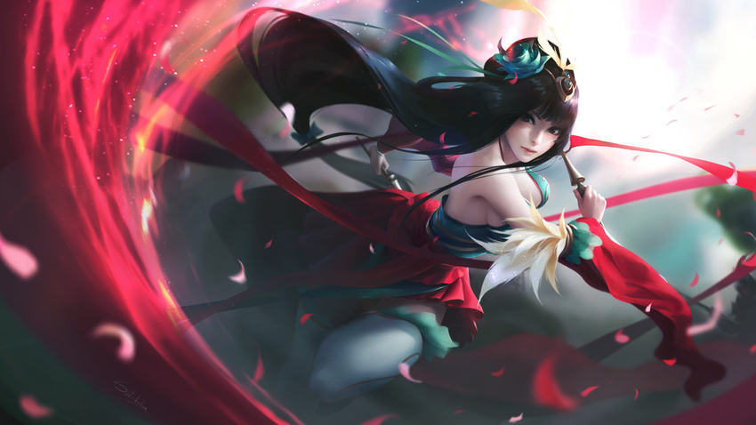 black_hair blue_flower breasts commentary_request diao_chan flower hair_flower hair_ornament highres long_hair looking_at_viewer low-tied_long_hair medium_breasts petals romance_of_the_three_kingdoms sai_foubalana sideboob signature solo