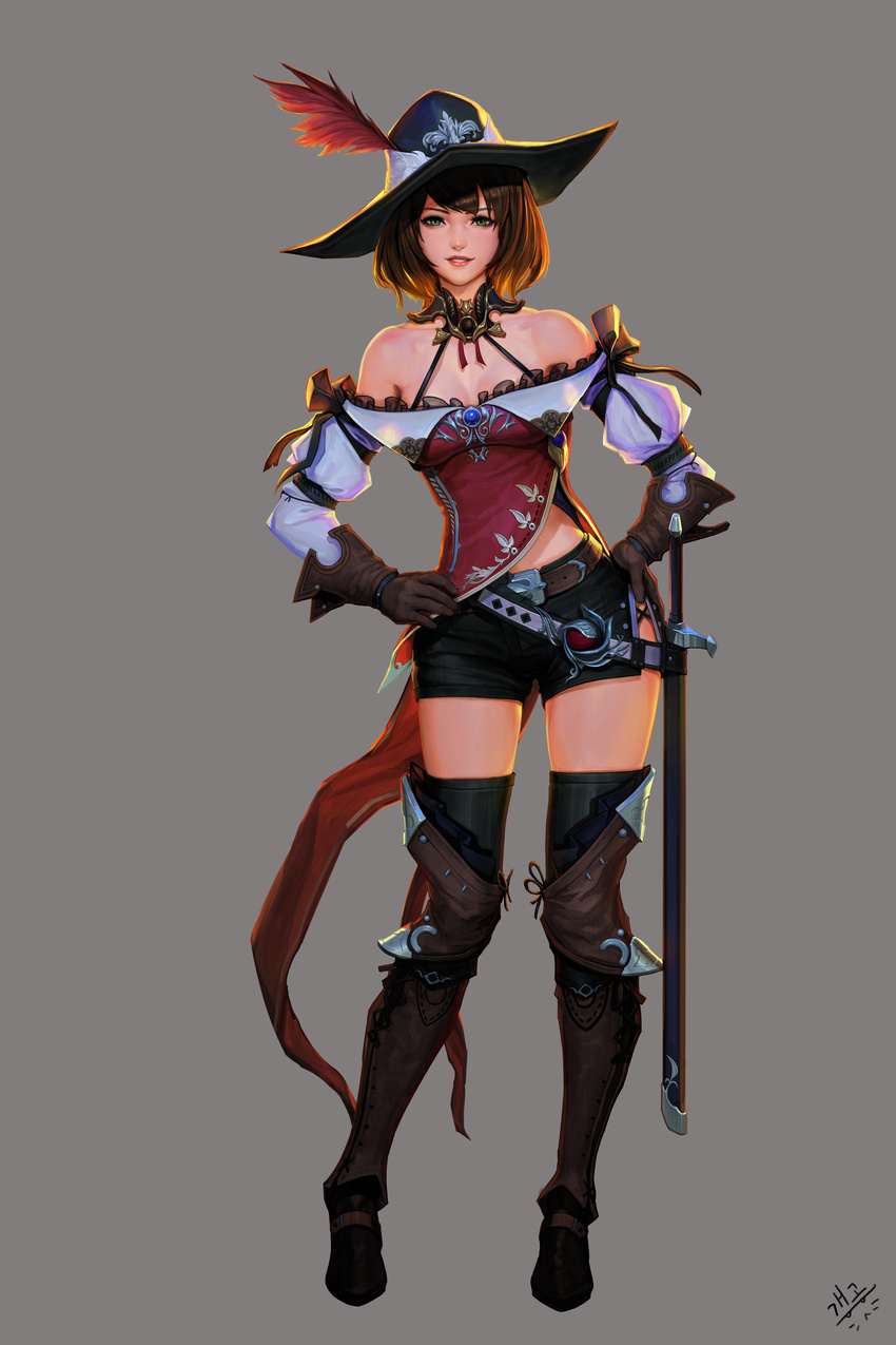 absurdres arm_garter bare_shoulders belt black_legwear black_shorts bob_cut boots breasts brown_hair cleavage daejun_park detached_collar elbow_gloves frilled_shirt frills full_body gloves green_eyes grey_background hands_on_hips hat_feather highres leaning_to_the_side looking_at_viewer md5_mismatch medium_breasts original parted_lips realistic resized scabbard sheath shirt short_hair short_shorts shorts side_slit side_slit_shorts signature smile solo standing sword teeth thigh_boots thighhighs thighs upscaled weapon
