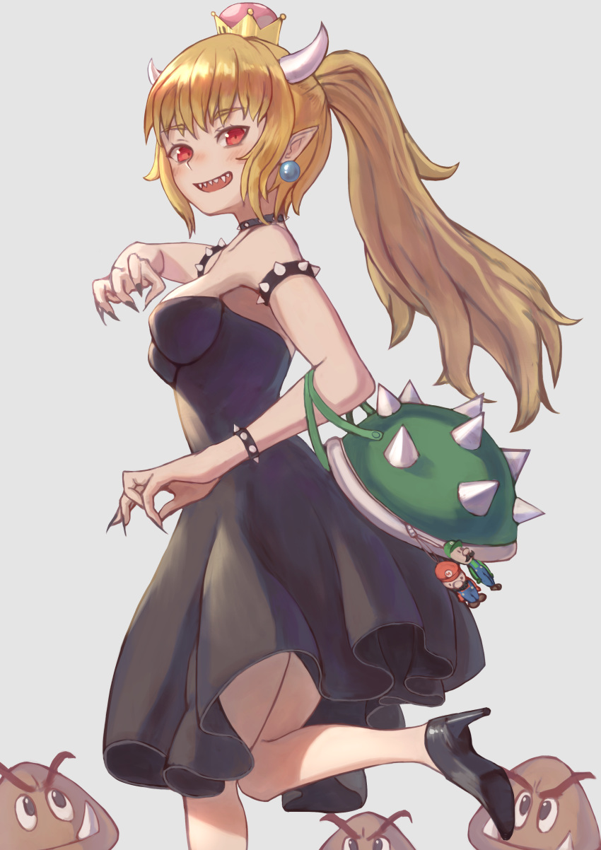1girl 3others absurdres bangs bare_shoulders black_collar black_footwear blonde_hair bowser bowsette bracelet breasts collar collarbone commentary_request crown dress earrings eyebrows_visible_through_hair fingernails genderswap goomba highres horns jewelry long_eyebrows long_hair long_ponytail looking_at_viewer luigi mario mario_(series) medium_breasts multiple_others new_super_mario_bros._u_deluxe nintendo plumber pointy_ears ponytail red_eyes sharp_fingernails sharp_teeth shell solo spiked_armlet spiked_bracelet spiked_collar spiked_shell spikes strapless strapless_dress super_crown super_mario_bros. teeth turtle_shell white_horns yorishiem