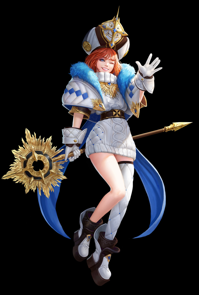 absurdres arm_at_side belt blue_eyes capelet dress fur_trim gauntlets gloves high_collar highres jewelry leg_warmers looking_at_viewer mole mole_under_eye narrow_waist one_eye_closed original parted_lips platform_footwear priestess puffy_short_sleeves puffy_sleeves realistic red_hair ribbed_sweater salute short_sleeves smile solo staff standing sweater sweater_dress taekwon_kim teeth tiara waiving white_gloves wide_sleeves