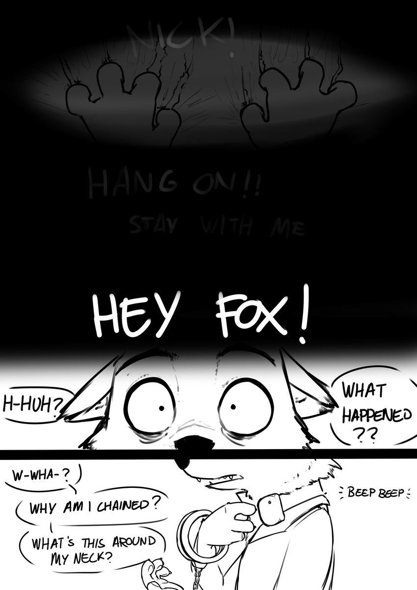 alec8ter anthro black_and_white canine claws clothing collar comic dialogue disney english_text fox handcuffs hi_res male mammal monochrome nick_wilde shackles shock_collar teeth text zistopia zoodystopia zootopia