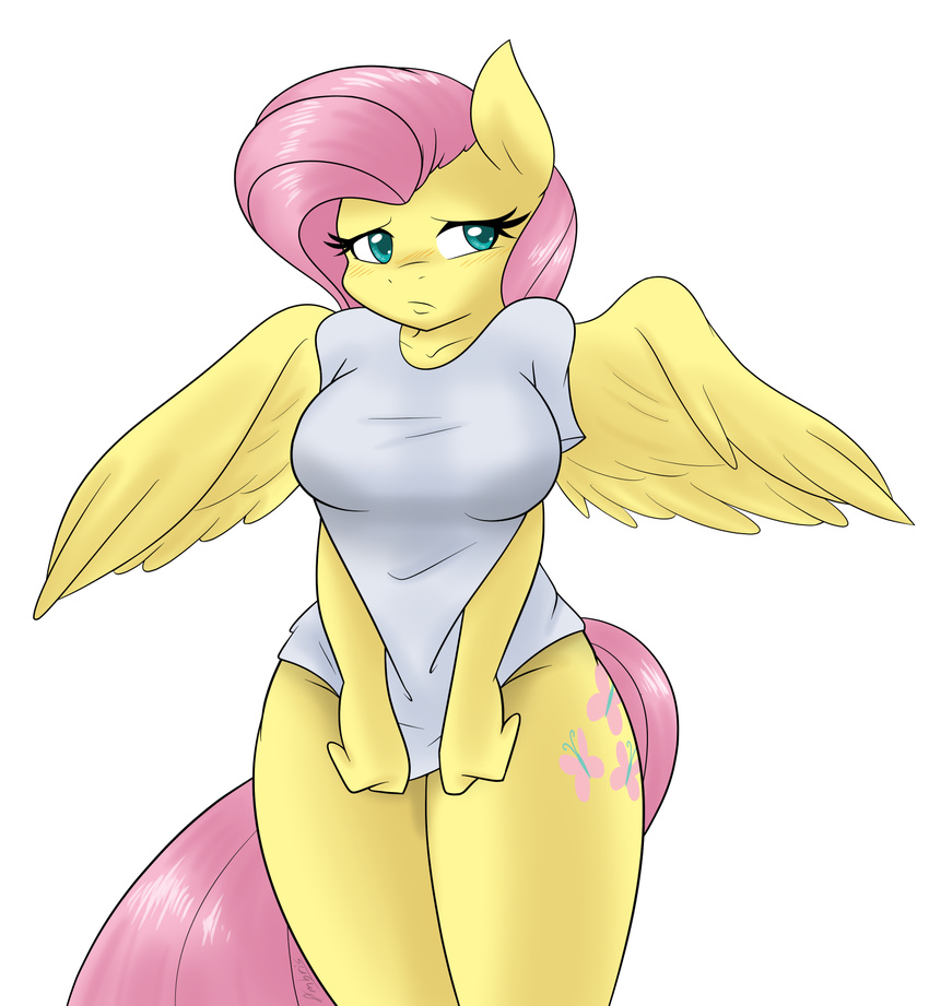 2015 ambris anthro anthrofied big_breasts blush bottomless breasts clothed clothing cutie_mark equine eyebrows eyelashes feathered_wings feathers female fluttershy_(mlp) friendship_is_magic fur hair hi_res mammal my_little_pony pegasus pink_hair shirt shirt_pull signature simple_background solo teal_eyes white_background wings yellow_feathers yellow_fur