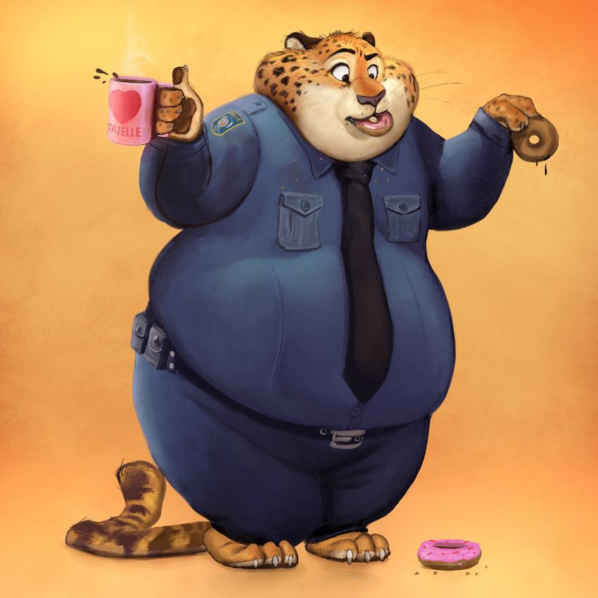 2016 anthro benjamin_clawhauser beverage cheetah clothed clothing coffee digital_drawing_(artwork) digital_media_(artwork) disney doughnut feline food fur gamutfeathers hi_res male mammal obese overweight police_uniform simple_background soft_shading solo uniform white_background zootopia