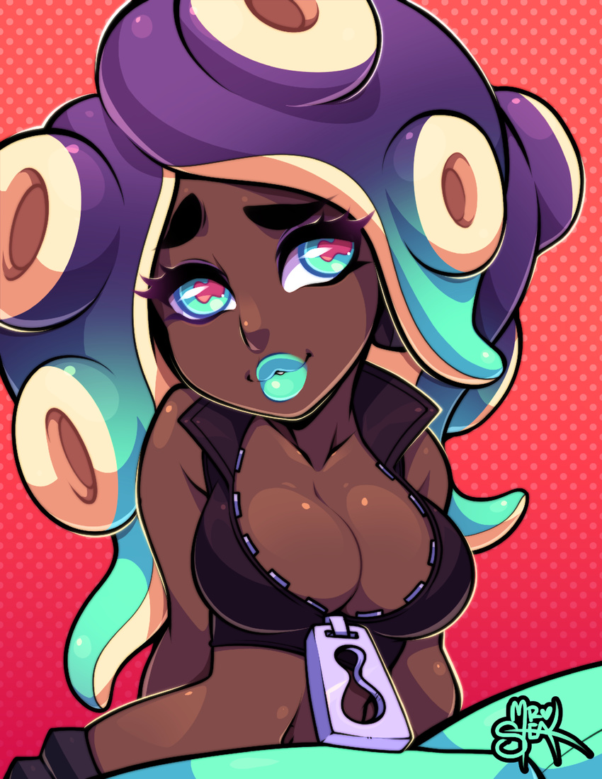 2017 big_breasts breasts cephalopod cleavage clothed clothing dark_skin fangs female gloves green_eyes green_hair hair hi_res lipstick makeup marina_(splatoon) marine mr-steaks navel nintendo not_furry octoling octopus solo splatoon splatoon_2 tentacle_hair tentacles video_games