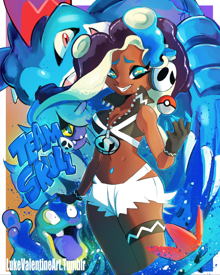 alolan_grimer alternate_costume alternate_hairstyle blue_eyes blue_hair blue_nails breasts cleavage cosplay crop_top crossover dark_skin feraligatr fingerless_gloves gen_2_pokemon gen_7_pokemon gloves headphones highres iida_(splatoon) looking_at_viewer luke_valentine_(artist) mareanie medium_breasts midriff nail_polish navel navel_piercing piercing poke_ball pokemon pokemon_(creature) pokemon_(game) pokemon_sm purple_hair shorts sleeveless smile splatoon_(series) splatoon_2 team_skull_uniform teeth tentacle_hair white_shorts