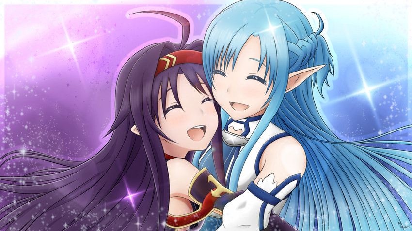 ahoge asuna_(sao) asuna_(sao-alo) blue_hair closed_eyes detached_sleeves floating_hair hairband highres hug long_hair multiple_girls open_mouth pointy_ears red_hairband shikori smile sparkle sword_art_online tears upper_body very_long_hair yuuki_(sao)