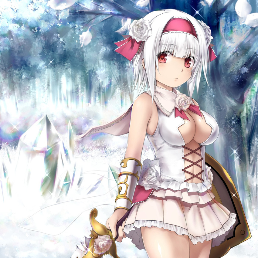 breasts commentary_request cowboy_shot crystal flower flower_knight_girl frilled_skirt frills hair_flower hair_ornament hairband highres kuromayu looking_at_viewer medium_breasts red_eyes royal_princess_(flower_knight_girl) shield short_hair skirt solo sword vambraces weapon white_hair