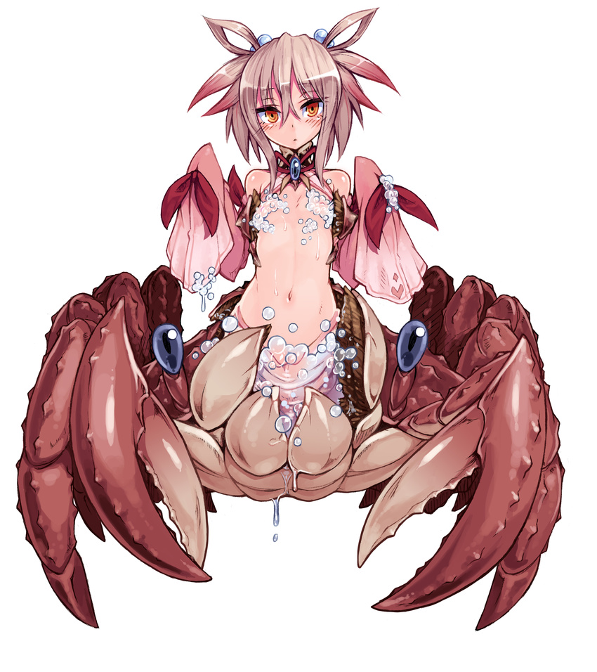 absurdres bare_shoulders blue_eyes blush brooch bubble cancer_(monster_girl_encyclopedia) censored convenient_censoring crab_girl diamond_(shape) enty_reward extra_eyes flat_chest full_body gradient_hair groin hair_between_eyes hair_bobbles hair_ornament hair_rings half_updo heart highres jewelry kenkou_cross long_sleeves looking_at_viewer monster_girl monster_girl_encyclopedia multicolored_hair navel official_art orange_eyes paid_reward pink_hair ribbon short_hair sidelocks silver_hair simple_background sleeves_past_wrists solo turtleneck two-tone_hair wet white_background