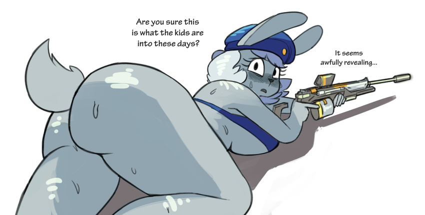 2017 ana_(overwatch) anthro baret big_breasts big_butt black_eyes bloominjaybee blue_clothing bottomless bra breasts butt clothed clothing cosplay digital_media_(artwork) english_text eyelashes female granbun gun hair hat lagomorph lying mammal mature_female nervous on_front open_mouth overwatch partially_clothed rabbit ranged_weapon rifle shadow sniper_rifle solo sweat text thick_thighs underwear video_games weapon white_hair