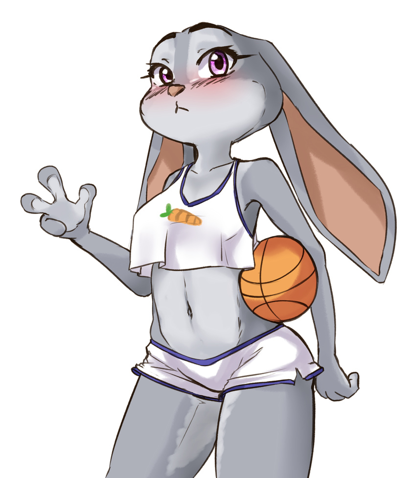2016 anthro ball basketball_(ball) blush breasts carrot clothed clothing cosplay crop_top disney ears_down eyelashes female food frown fur grey_fur hi_res holding_ball judy_hopps lagomorph long_ears looking_at_viewer mammal midriff navel okamakafe pink_nose purple_eyes rabbit shirt shorts simple_background skimpy small_breasts solo space_jam vegetable warner_brothers white_background zootopia