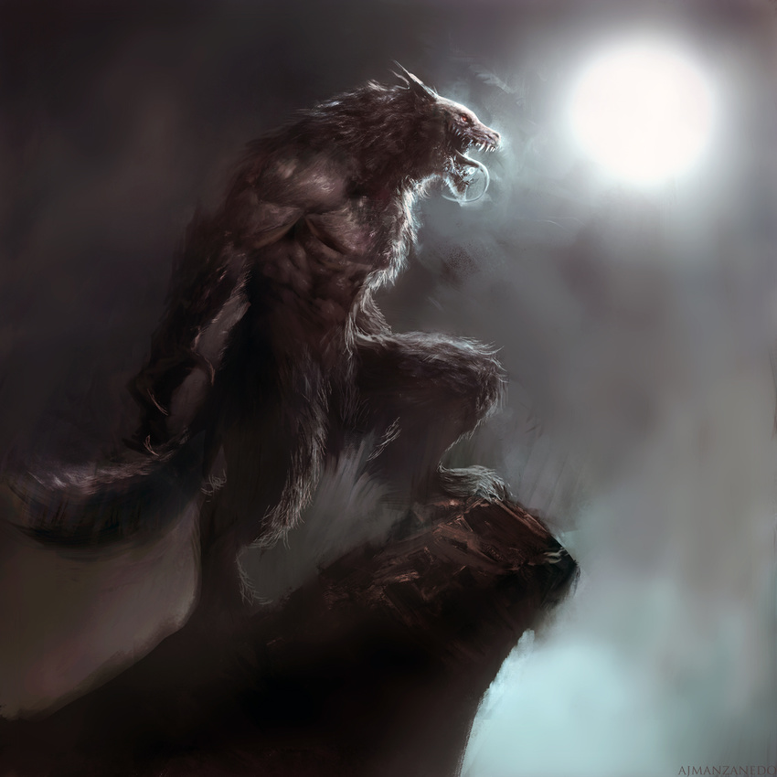 2017 abs angry anthro barefoot biceps big_muscles canine claws digitigrade fangs full_moon glowing glowing_eyes male mammal manzanedo moon muscular muscular_male naturally_censored no_pupils nude outside pecs pointy_ears red_eyes sharp_claws sharp_teeth side_view simple_background solo stone teeth tongue tongue_out were werewolf