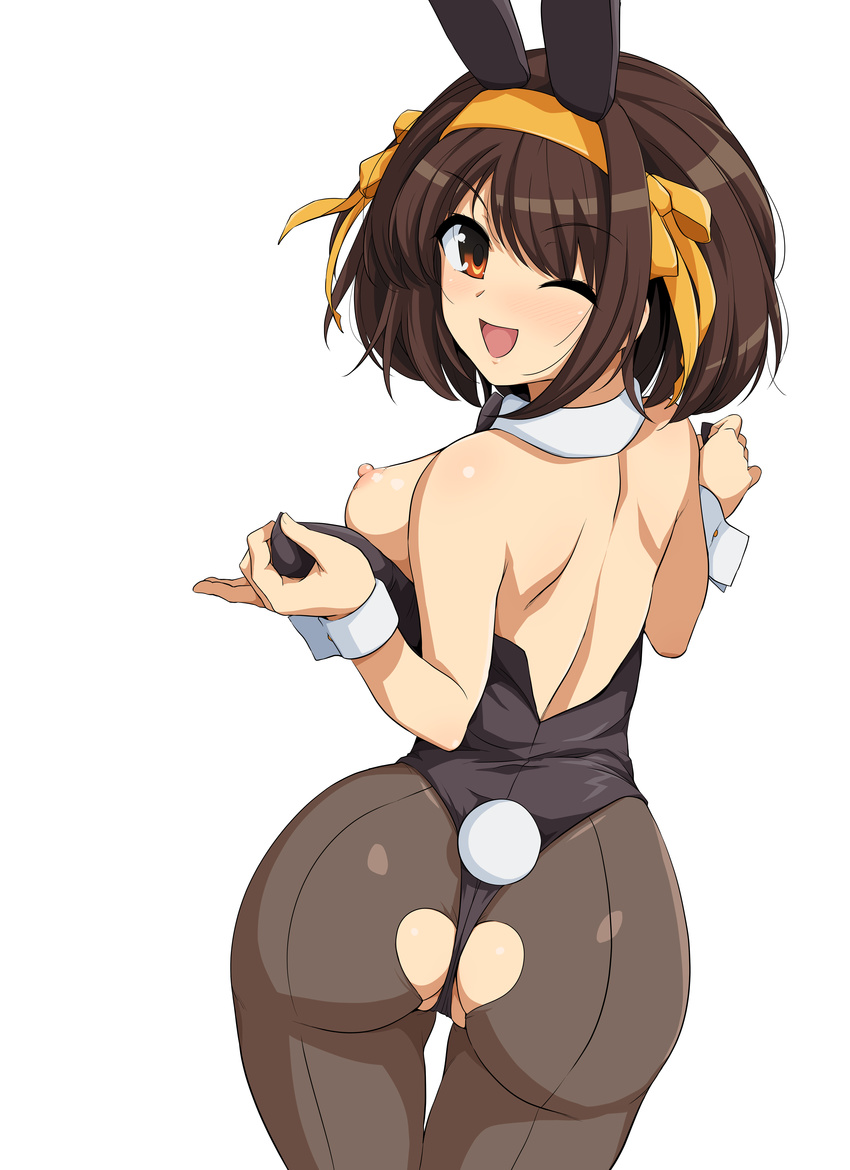 ;d absurdres animal_ears ass back bangs black_legwear breasts brown_eyes brown_hair bunny_ears bunny_tail bunnysuit hairband haruhisky highres looking_at_viewer medium_breasts nipples one-piece_thong one_eye_closed open_mouth orange_hairband paid_reward pantyhose patreon_reward short_hair smile suzumiya_haruhi suzumiya_haruhi_no_yuuutsu tail torn_clothes torn_legwear wrist_cuffs