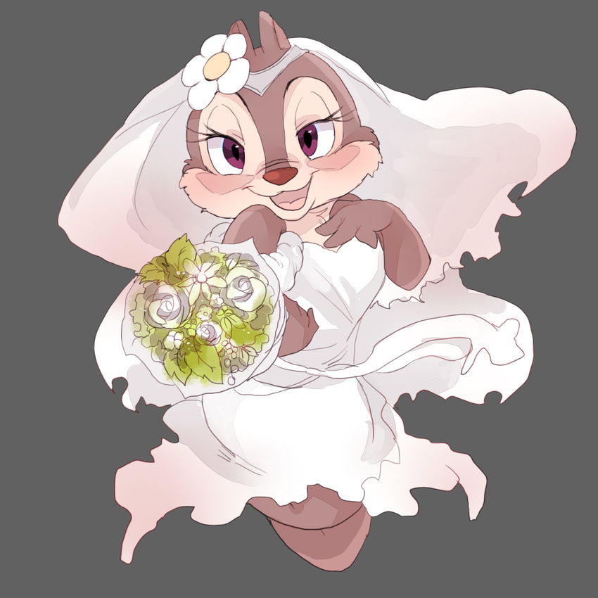 2013 4_fingers blush bouquet brown_fur chest_tuft chipmunk clarice clothing disney dress eyelashes female flower fur grey_background hand_on_chest hi_res looking_at_viewer mammal muco_(artist) open_mouth open_smile plant purple_eyes red_nose rodent simple_background smile solo tuft wedding_dress