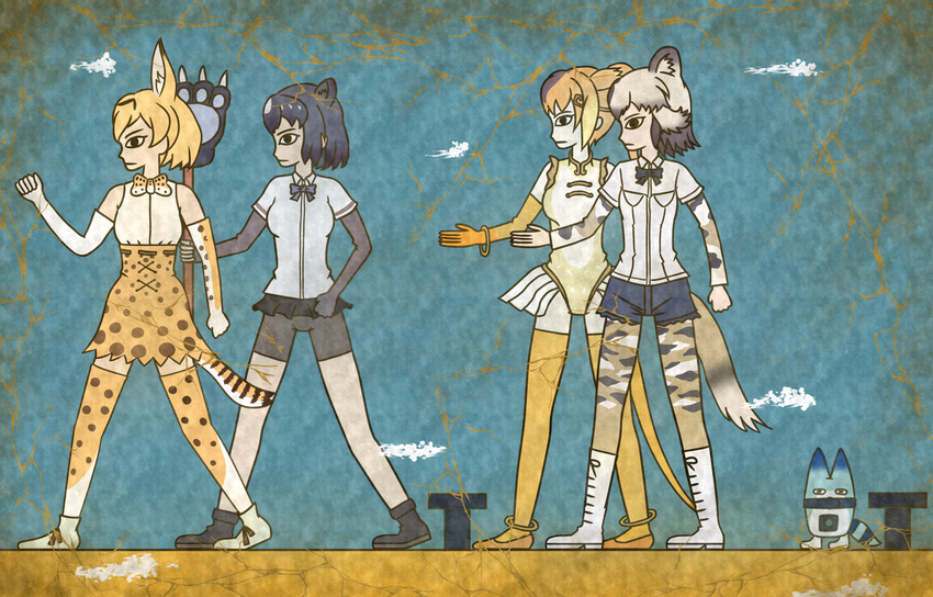 african_wild_dog_(kemono_friends) animal_ears anklet bangle bare_shoulders bear_ears bear_paw_hammer bike_shorts black_bow black_eyes black_gloves black_hair black_neckwear black_shorts black_skirt blonde_hair blue_background boots bow bowtie bracelet breasts brown_bear_(kemono_friends) brown_footwear circlet clenched_hand clenched_hands closed_mouth collared_shirt commentary_request crack dog_ears dog_tail egyptian_art elbow_gloves fingerless_gloves from_side full_body gloves golden_snub-nosed_monkey_(kemono_friends) high-waist_skirt high_ponytail highres holding holding_staff holding_weapon jewelry kemono_friends kita_(7kita) legs_apart leotard long_hair long_sleeves lucky_beast_(kemono_friends) medium_breasts microskirt monkey_ears monkey_tail multicolored_hair multiple_girls orange_footwear pantyhose pleated_skirt profile serval_(kemono_friends) serval_ears serval_print serval_tail shirt shoes short_hair short_sleeves shorts skirt sleeveless sleeveless_shirt staff standing striped_tail tail thighhighs two-tone_hair weapon white_footwear white_hair white_shirt wing_collar yellow_gloves yellow_legwear