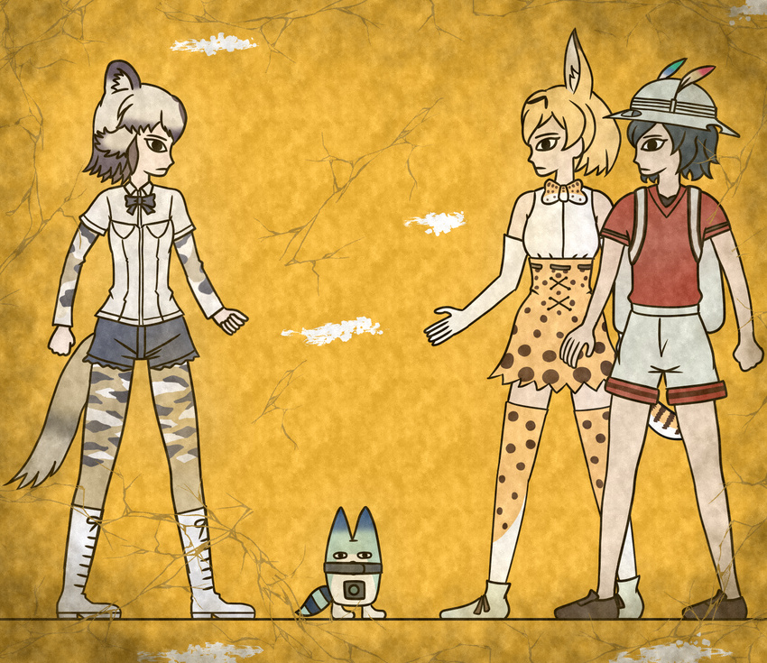 african_wild_dog_(kemono_friends) animal_ears backpack bag bare_shoulders black_bow black_eyes black_hair black_neckwear black_shorts blonde_hair boots bow bowtie brown_footwear clenched_hand clenched_hands closed_mouth collared_shirt commentary_request crack dog_ears dog_tail egyptian_art elbow_gloves from_side full_body gloves hat hat_feather helmet high-waist_skirt highres kaban_(kemono_friends) kemono_friends kita_(7kita) legs_apart long_sleeves lucky_beast_(kemono_friends) multicolored_hair multiple_girls no_gloves no_legwear pantyhose pith_helmet profile red_shirt serval_(kemono_friends) serval_ears serval_print serval_tail shirt shoes short_hair short_sleeves shorts skirt sleeveless sleeveless_shirt standing striped_tail tail thighhighs two-tone_hair white_footwear white_shirt white_shorts wing_collar yellow_background