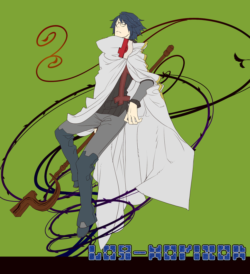 1boy blue_hair cloak glasses log_horizon shiroe short_hair solo staff vines