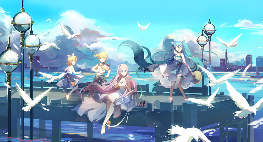 3girls arm_behind_back barefoot bird black_shorts blonde_hair blue_hair blue_ribbon blue_skirt breasts bridge cleavage closed_eyes cloud cloudy_sky day dress floating_hair full_body hair_between_eyes hair_ribbon hairband hat hat_removed hatsune_miku headwear_removed holding holding_hat kagamine_len kagamine_rin long_hair medium_breasts megurine_luka multiple_girls necktie open_mouth outdoors pink_hair red_hairband ribbon see-through shadowsinking shirt short_hair short_ponytail short_sleeves shorts skirt sky sleeveless sleeveless_dress sleeveless_shirt smile standing straw_hat twintails very_long_hair vocaloid water white_dress white_ribbon white_shirt wrist_ribbon yellow_hat yellow_neckwear