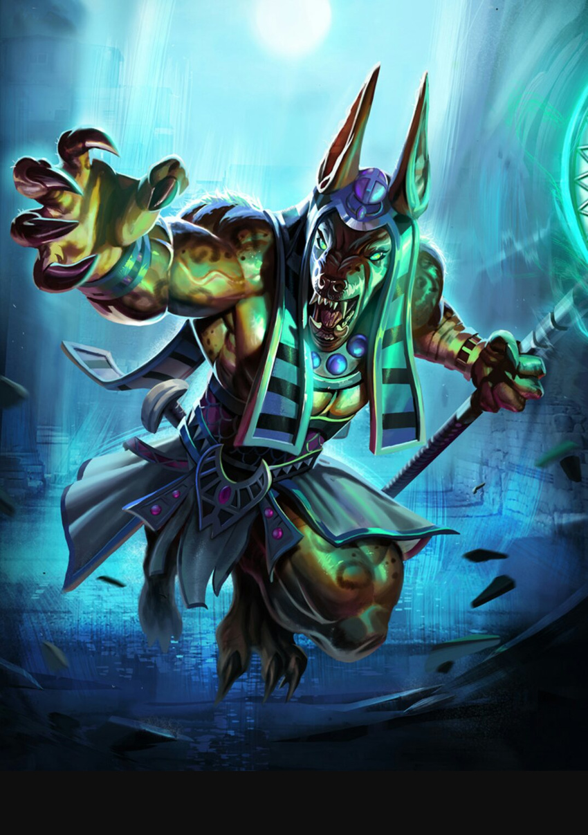 3_toes 5_fingers action_pose angry anthro anubis armband attack barefoot biceps big_muscles black_claws blue_eyes claws clothing deity digital_media_(artwork) digitigrade fangs fighting_stance glowing glowing_eyes hi_res holding_object jewelry loincloth long_ears magic male muscular muscular_male no_pupils official_art pecs running sharp_claws sharp_teeth smite solo stick teeth temple toe_claws toes unknown_artist vein