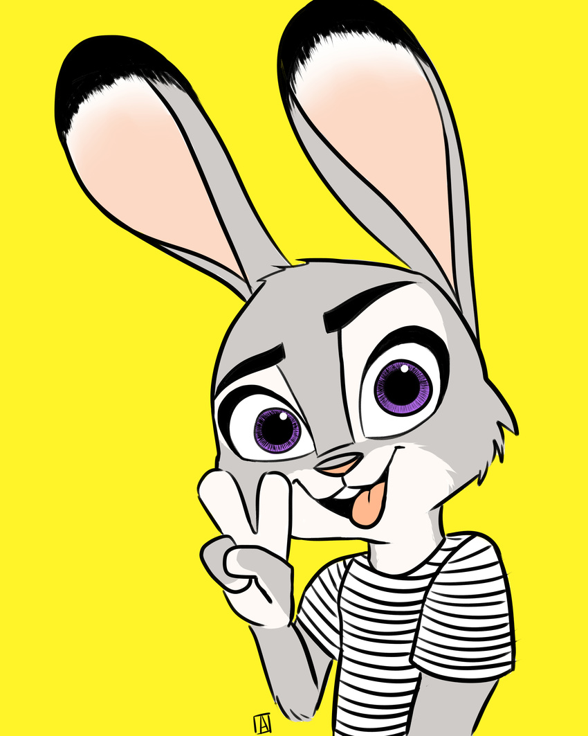 2017 absurd_res anthro clothed clothing dipstick_ears disney female fur hi_res judy_hopps lagomorph mammal nick-and-judy-daily_(artist) purple_eyes rabbit simple_background solo v_sign yellow_background zootopia