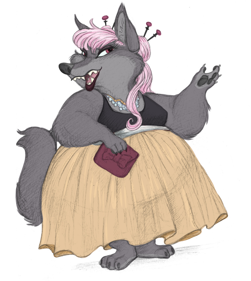 2016 anthro aurelina_canidae canine clothed clothing disney fan_character fangs female hair hairpin hi_res mammal overweight pink_hair slightly_chubby solo well-dressed-wolf wolf zootopia