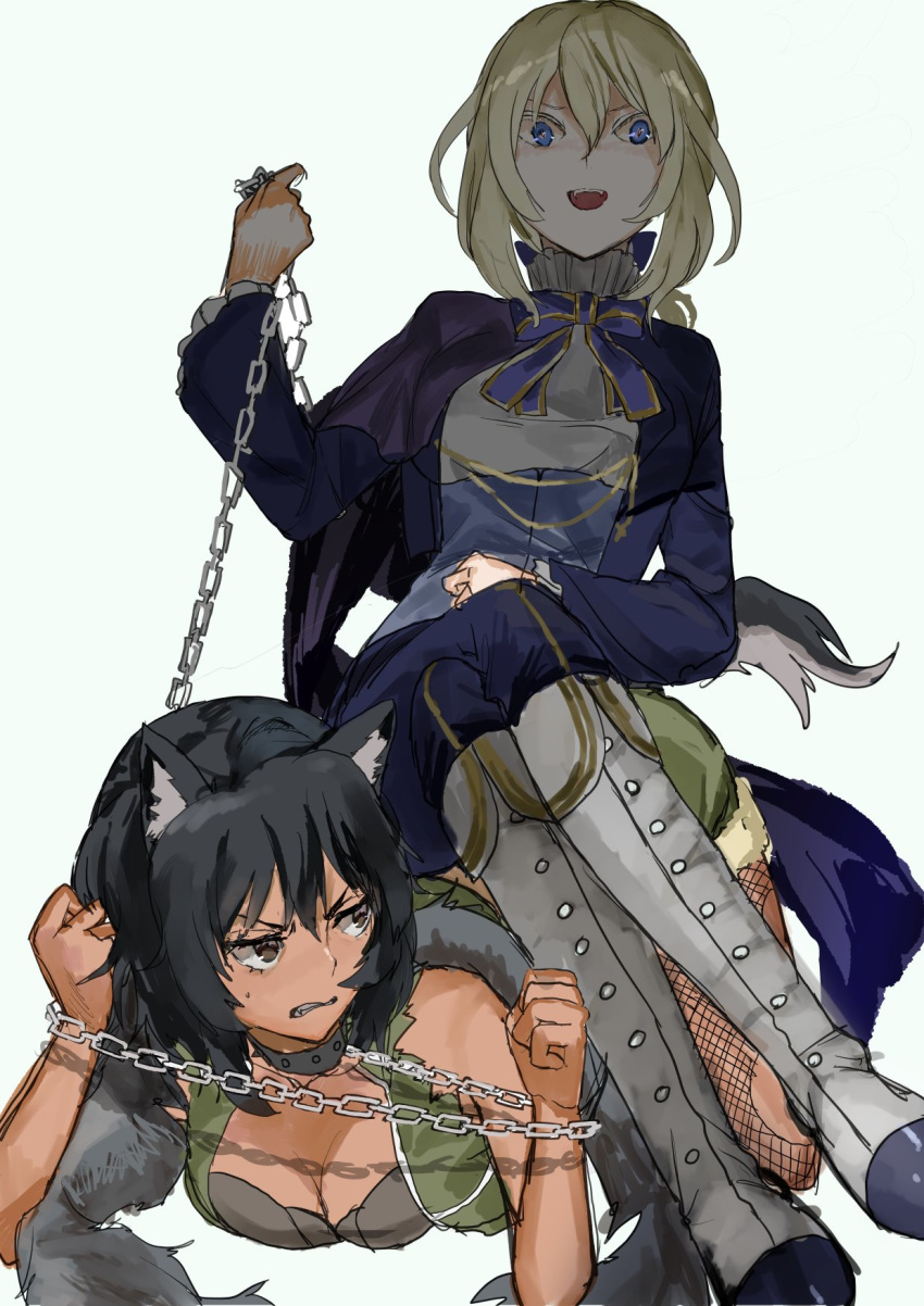 all_fours alternate_costume andou_(girls_und_panzer) animal_ears bangs bdsm black_hair black_shirt blonde_hair blue_eyes blue_jacket blue_neckwear blue_pants boots breasts brown_eyes chains cleavage clenched_hands collar cutoffs dog_collar frown fur_scarf girls_und_panzer green_jacket green_shorts grey_footwear grey_scarf grimace halloween_costume hand_on_lap high_collar highres holding_chain itou_(golem_inc) jacket knee_boots legs_crossed long_sleeves looking_at_another looking_back medium_breasts medium_hair messy_hair neck_ribbon open_mouth oshida_(girls_und_panzer) pants ribbon scarf shared_bathing sharp_teeth shirt shorts simple_background single_vertical_stripe sitting sitting_on_person slave sleeveless_jacket smirk sweatdrop symbol_commentary tail teeth torn_clothes torn_sleeves v-shaped_eyebrows white_background wolf_ears wolf_tail