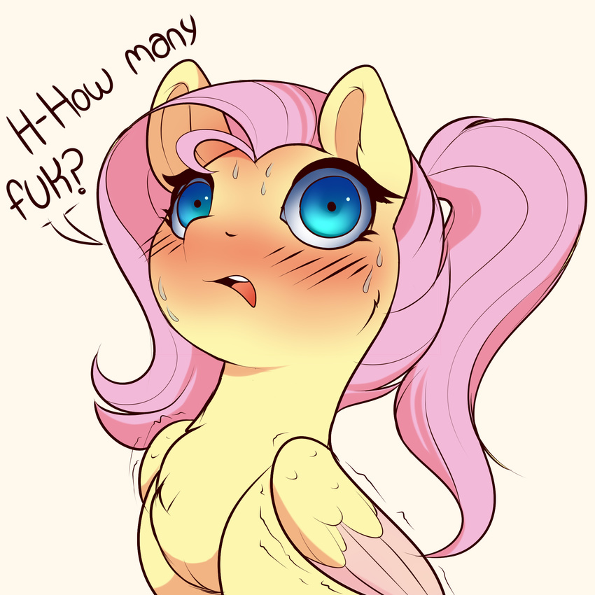 2016 blue_eyes blush dialogue english_text equine evehly feathered_wings feathers female feral fluttershy_(mlp) friendship_is_magic fur hair hi_res long_hair looking_at_viewer mammal my_little_pony open_mouth pegasus pink_hair shaking simple_background solo sweat text wings yellow_feathers yellow_fur