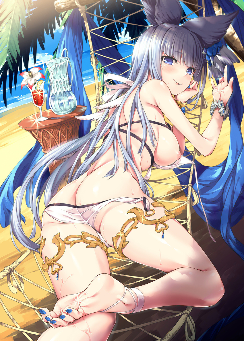\m/ absurdres akanagi_youto animal_ears anklet ass bangs barefoot beach bikini blue_eyes blue_nails blunt_bangs bracelet breasts butt_crack commentary_request cup day drink drinking_glass dutch_angle erune feet flower granblue_fantasy grey_hair hammock highres jewelry korwa large_breasts long_hair looking_at_viewer lying nail_polish nipples on_stomach outdoors palm_tree parted_lips sand shiny shiny_hair silver_hair smile soles solo sparkle sweat swimsuit toenail_polish tree tropical_drink tsurime untied untied_bikini very_long_hair water white_bikini