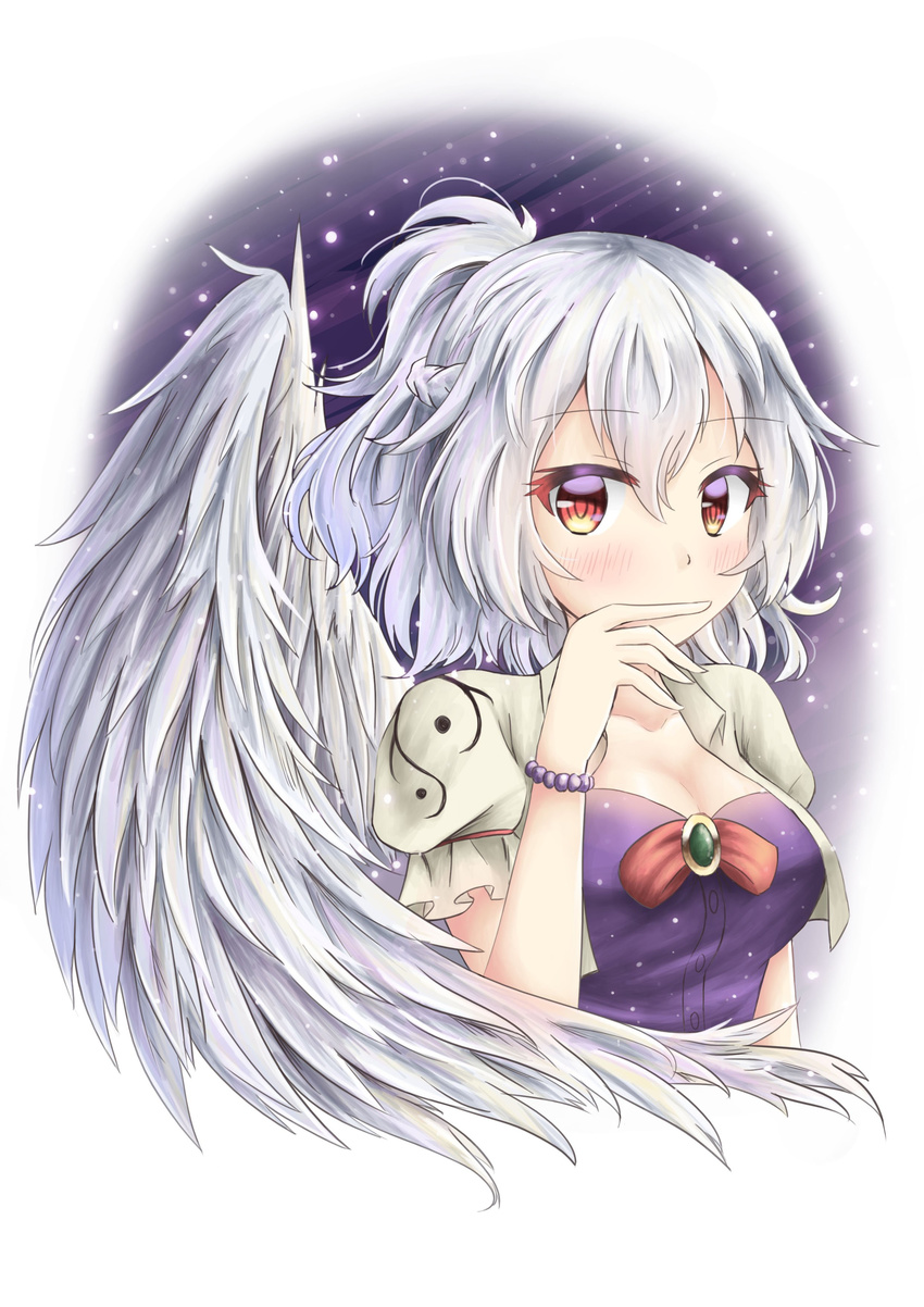 absurdres adapted_costume akiteru98 braid breasts cleavage covered_mouth feathered_wings highres jewelry kishin_sagume looking_at_viewer medium_breasts puffy_short_sleeves puffy_sleeves red_eyes ribbon short_hair short_sleeves silver_hair simple_background single_wing solo touhou upper_body white_wing wings