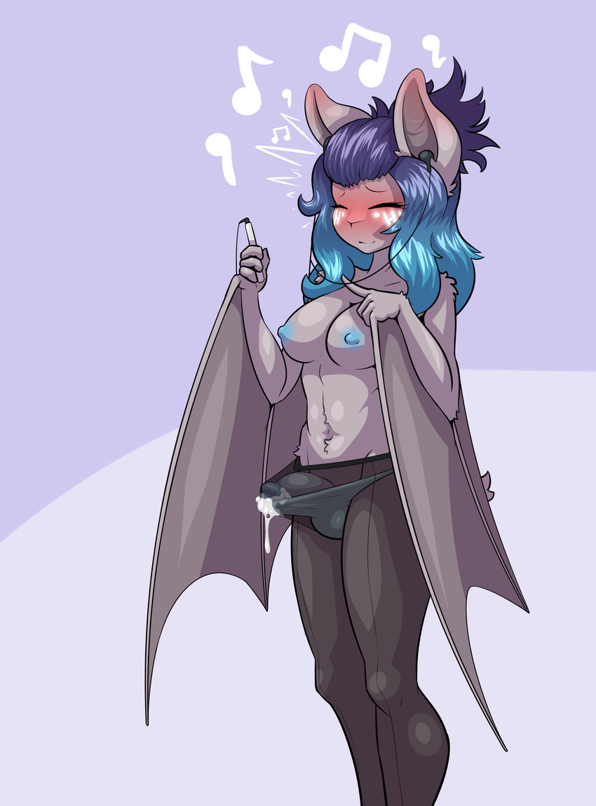 2017 anthro bat big_breasts blue_hair blush breasts clothed clothing cum cum_through_clothing cum_through_underwear dickgirl erection eyes_closed fur glowing_flesh grey_fur hair hi_res intersex limebreaker mammal michi_tsuki panties penis raised_tail simple_background solo underwear wings