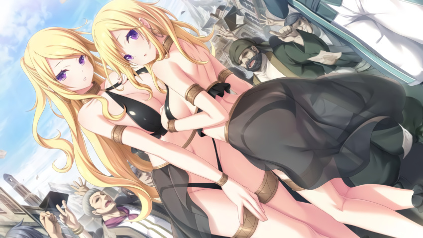 2girls armlet artist_request ass beard blonde_hair bracelet breasts character_request cleavage cloud copyright_request covering covering_crotch criss-cross_halter crowd earrings faceless faceless_male facial_hair halterneck highres jewelry large_breasts looking_at_viewer multiple_boys multiple_girls parted_lips purple_eyes see-through sky tagme