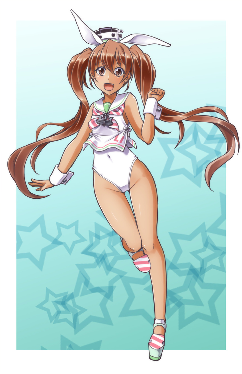 adapted_costume alto-00 animal_ears ass_visible_through_thighs blue_background brown_eyes brown_hair bunny_ears bunny_girl bunnysuit dark_skin fang full_body gradient gradient_background highres kantai_collection leotard libeccio_(kantai_collection) long_hair looking_at_viewer neckerchief open_mouth pink_neckwear smile solo star starry_background striped striped_neckwear tank_top thigh_gap twintails white_leotard wrist_cuffs