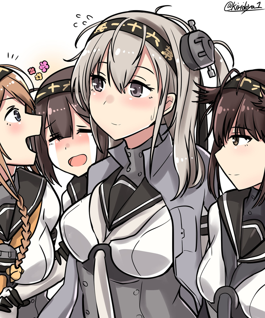 absurdres akizuki_(kantai_collection) bad_id bad_twitter_id black_hair black_neckwear blue_eyes blush braid breasts brown_eyes closed_eyes clothes_writing corset flying_sweatdrops gloves grey_hair grey_jacket grey_neckwear hatsuzuki_(kantai_collection) headband highres jacket kantai_collection kiritto large_breasts light_brown_hair long_hair looking_at_another medium_breasts multiple_girls necktie open_mouth purple_eyes range_finder sailor_collar short_sleeves simple_background smile suzutsuki_(kantai_collection) teruzuki_(kantai_collection) twin_braids twitter_username upper_body white_background white_gloves yellow_neckwear