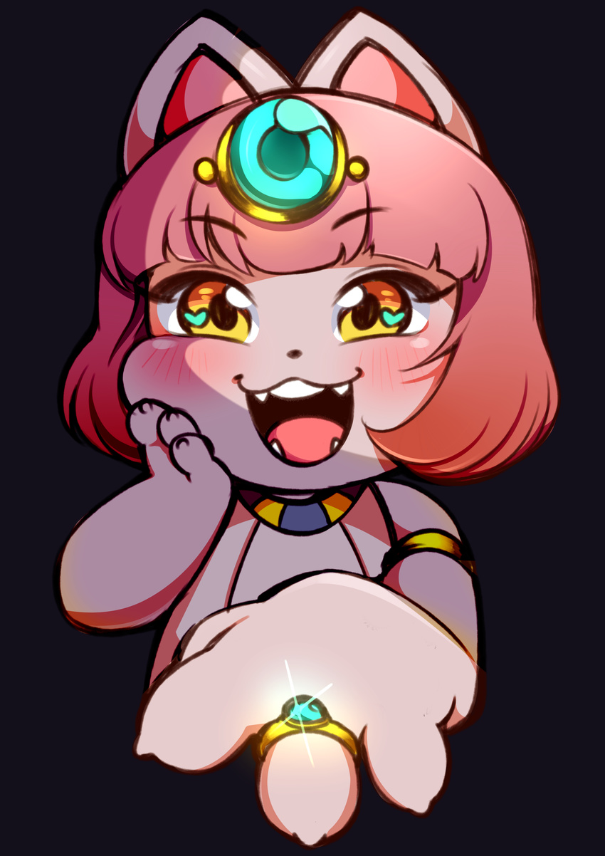 &lt;3 &lt;3_eyes absurd_res animal_humanoid anthro bastet berseepon09 blush cat clothed clothing cute egyptian feline female fur hair hi_res humanoid jewelry looking_at_viewer mammal open_mouth pink_fur red_hair smile sparkle yellow_eyes