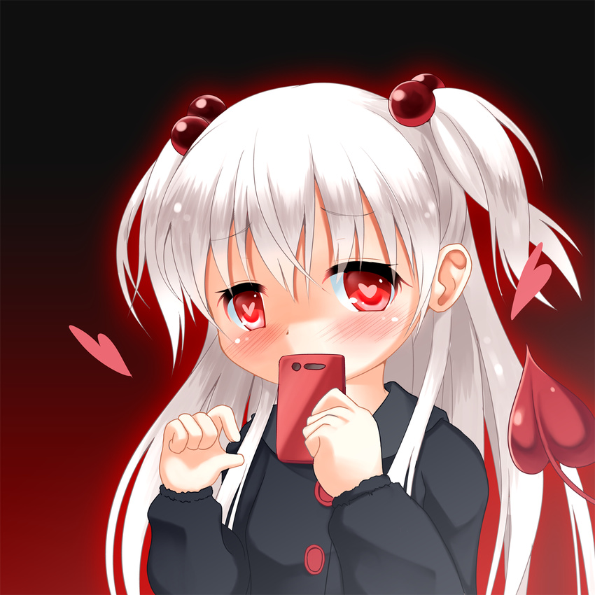 alternate_color alternate_eye_color alternate_hair_color blush borrowed_character cellphone demon_tail evo_grim eyebrows_visible_through_hair hair_bobbles hair_ornament heart heart-shaped_pupils highres kanna_hisashi long_hair looking_at_viewer mikane_sebiri money_gesture original phone solo symbol-shaped_pupils tail two_side_up upper_body white_hair