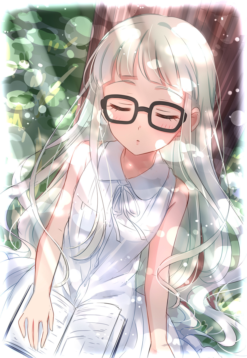 against_tree aikatsu! aikatsu!_(series) bangs bare_arms bare_shoulders blunt_bangs blush book closed_mouth dappled_sunlight day dress glasses highres long_hair open_book outdoors parted_lips sekina silver_hair sitting sleeping sleeping_upright solo sunlight toudou_yurika tree under_tree white_dress