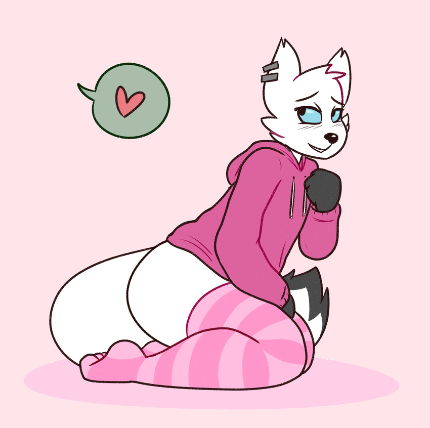 &lt;3 anthro blue_eyes blush brushy_(cat-boots) butt canine clothed clothing crossdressing ear_piercing fox fur girly hi_res hoodie kilinah kneeling legwear looking_back male mammal multicolored_tail partially_clothed piercing simple_background smile solo speech_bubble stockings white_fur