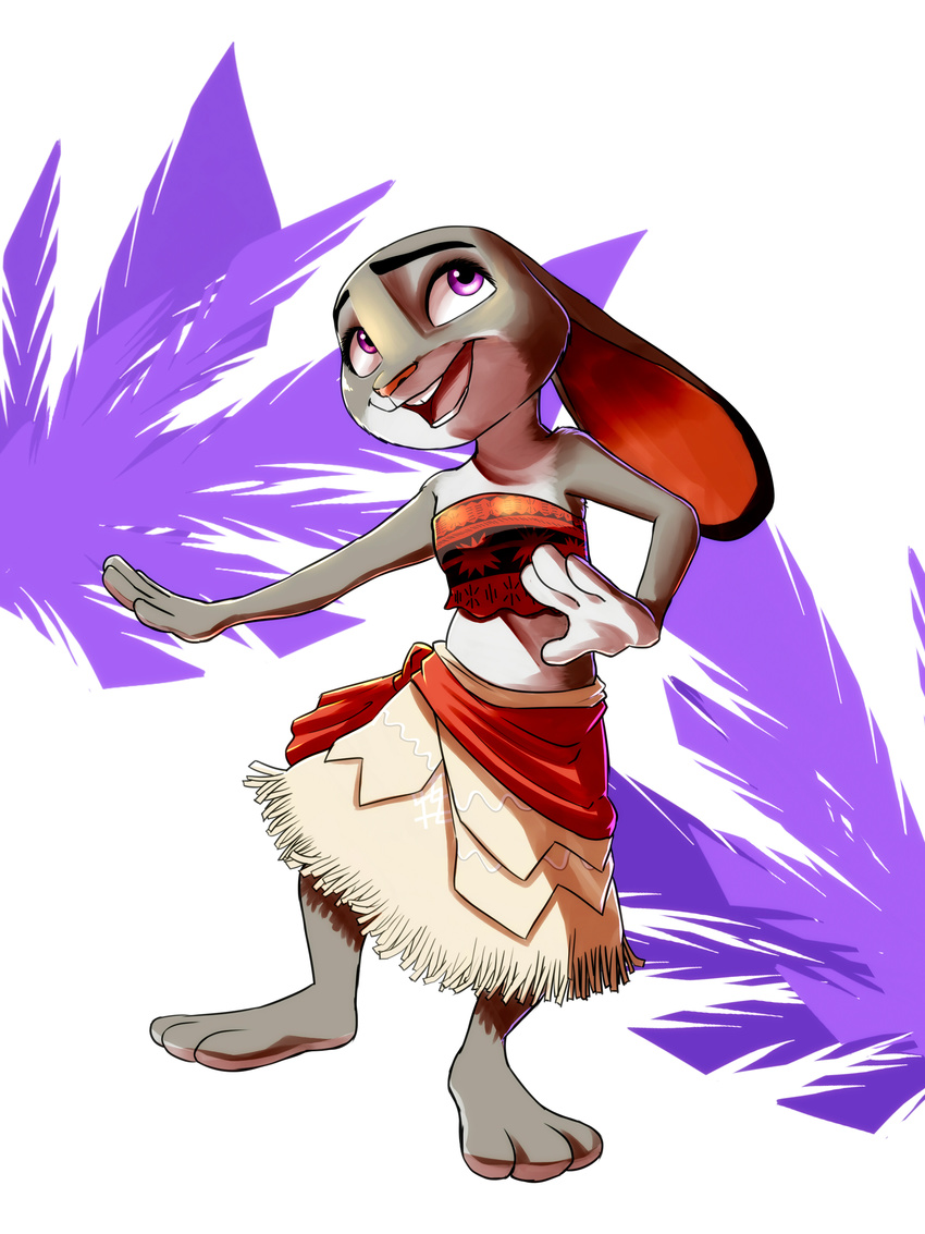 2017 3_toes 4_fingers absurd_res anthro clothed clothing costume dancing dipstick_ears disney ears_down eyelashes female fur grey_fur hi_res hula judy_hopps lagomorph looking_up mammal midriff moana open_mouth open_smile pink_nose purple_eyes rabbit simple_background smile solo toes white_background zigrock001 zootopia
