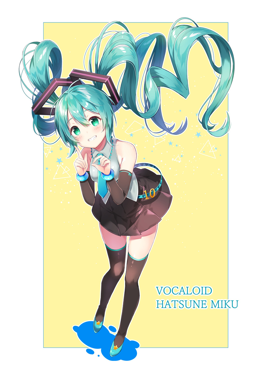 absurdres aqua_hair bangs character_name chitetan commentary_request copyright_name detached_sleeves floating_hair full_body green_eyes grin hatsune_miku highres long_hair looking_at_viewer necktie skirt smile solo thighhighs twintails very_long_hair vocaloid yellow_background