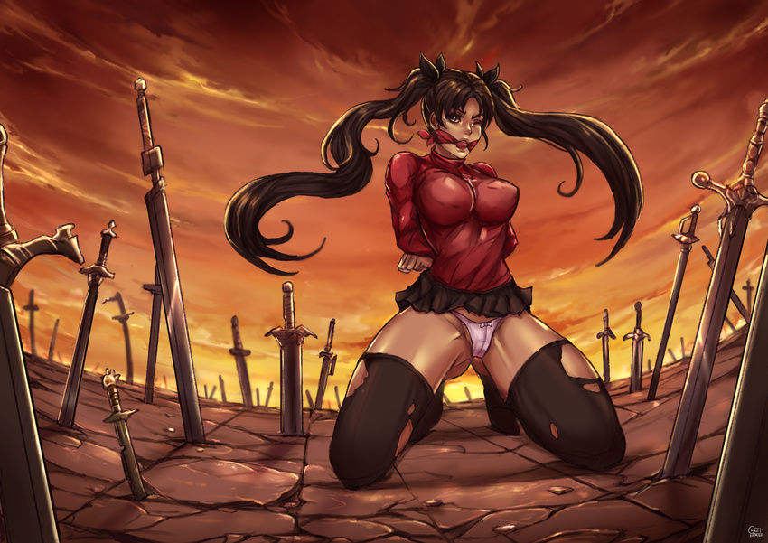 1girl adapted_costume arms_behind_back artist_name bdsm black_hair_ornament black_legwear black_ribbon black_skirt black_stockings black_thighhighs blue_eyes blush bondage bound_arms bound_wrists breasts brown_hair cloud cloudy_sky costume dated eyelashes fate/stay_night fate_(series) feet female full_body gag gagged hair_ornament hair_ribbon head_tilt highres hips improvised_gag kachima kneeling large_breasts legs legwear long_hair looking_at_viewer makeup mascara medium_breasts miniskirt nipples one_eye_closed outdoors panties patreon_reward red_shirt restrained ribbon rope shibari shirt signature skirt solo stockings sword thighhighs thighs tied_hair tied_up tohsaka_rin torn_clothes torn_thighhighs twintails two_side_up underwear very_long_hair weapon white_panties white_underwear zettai_ryouiki
