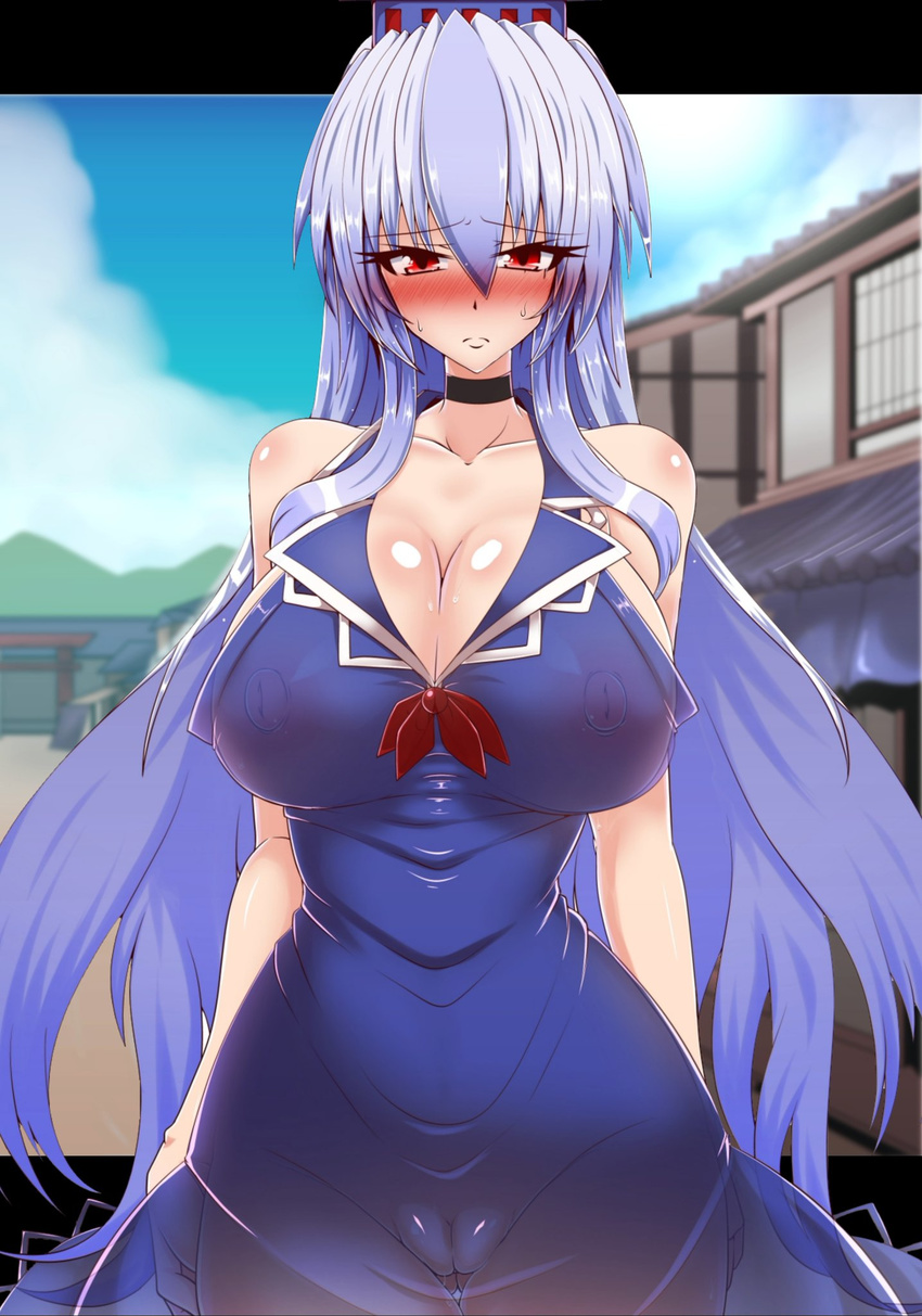 1girl blush breasts erect_nipples huge_breasts kamishirasawa_keine looking_at_viewer nipples see-through tonyman_plus touhou