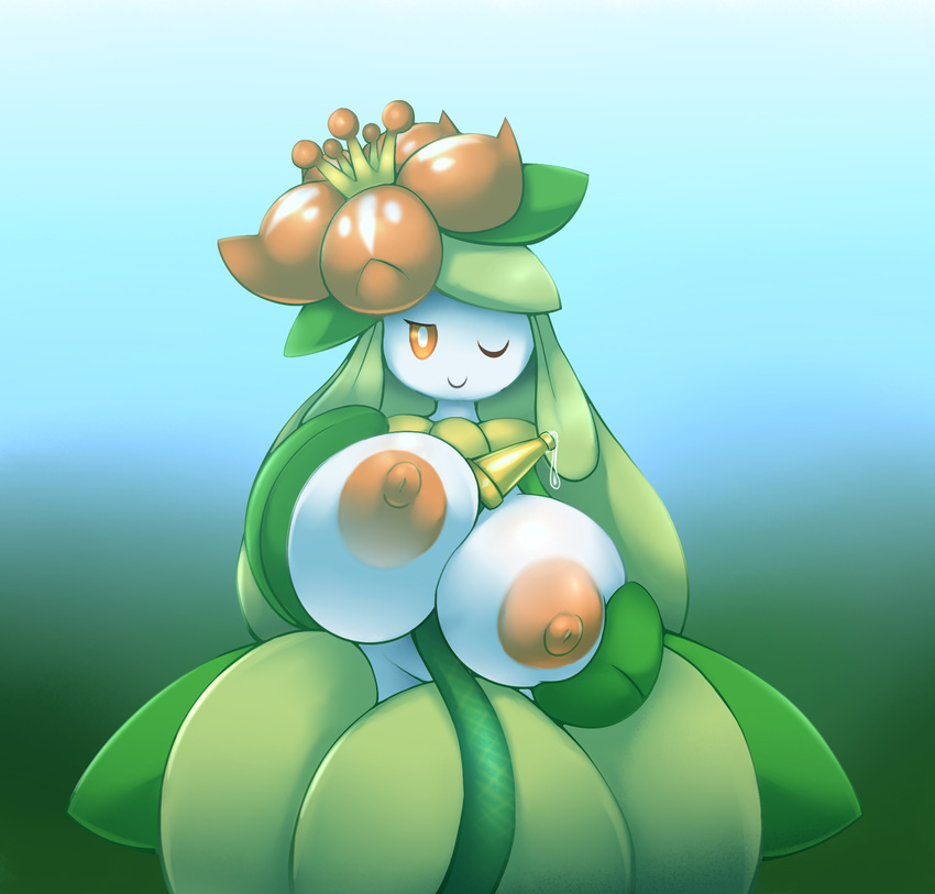 anthro big_breasts breasts clothed clothing elfdrago flora_fauna garden_hose lilligant nintendo nipples not_furry plant pok&eacute;mon pseudo_clothing solo topless video_games water