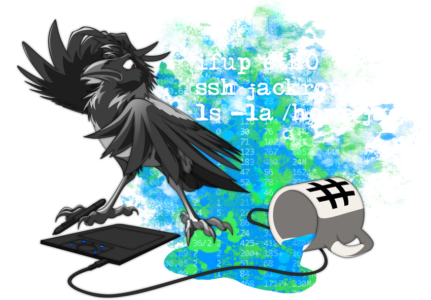 ambiguous_gender avian beak bird black_feathers brown_eyes corvid crow digital_media_(artwork) feathered_wings feathers feral jackrow solo wings