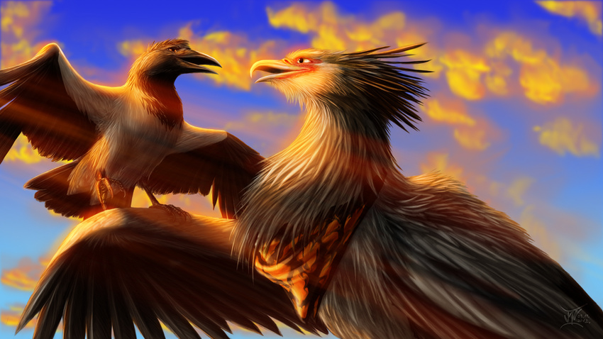 ambiguous_gender avian beak bird claws day detailed_background digital_media_(artwork) duo feathered_wings feathers feral jackrow open_mouth outside sky wings