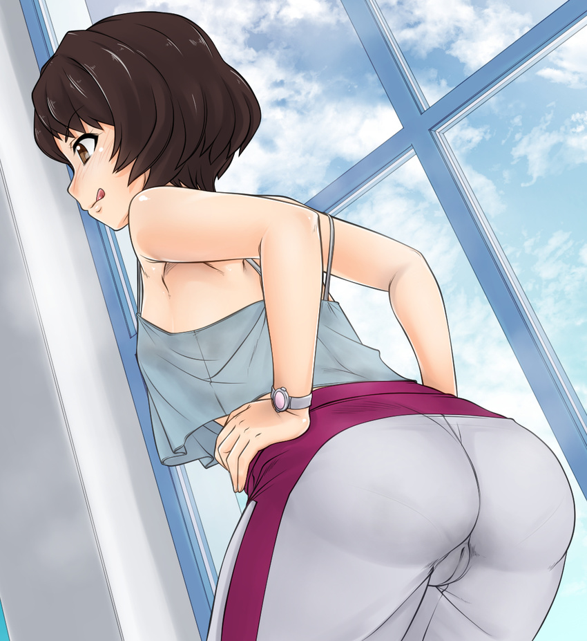 :p ass bare_arms bare_shoulders blue_shirt breasts brown_eyes brown_hair cameltoe camisole closed_mouth cloud cloudy_sky cowboy_shot day dutch_angle eyebrows_visible_through_hair from_behind grey_pants hands_on_hips highres indoors leaning_forward nurugamer-kouyouju pants pantylines shinmon_megumi shirt short_hair sky sleeveless small_breasts solo spaghetti_strap standing tomica_hyper_rescue_drive_head:_kidou_kyuukyuu_keisatsu tongue tongue_out track_pants trefoil watch window wristwatch